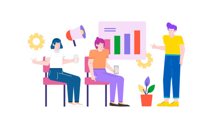 Three people discussing a performance graph in an office meeting. Suitable for business presentations, corporate websites, financial reports, and team collaboration materials.