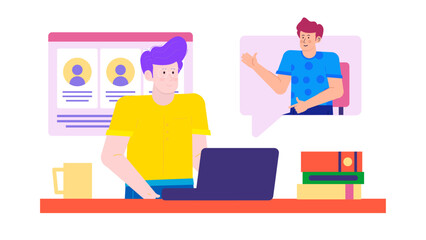 Man on a video call with a laptop, suitable for remote work, virtual meetings, online communication, technology, business concepts.