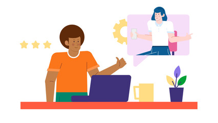 Man and woman giving thumbs up and pointing on video call. Collaboration, teamwork, communication, technology, virtual meetings, approval concept, online interaction.