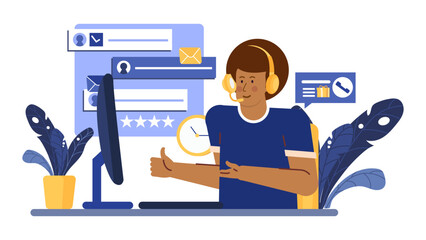 Man sitting at a desk with a headset on, ready for customer service or telemarketing concepts in a call center setting.