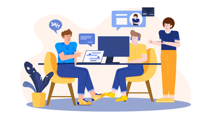 Three people working at desk with computer and plant. Suitable for illustrating teamwork, office work, collaboration, business meetings.