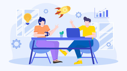 Two people sitting at a table with a laptop and a cup of coffee. Suitable for business, technology, lifestyle, remote work concepts.