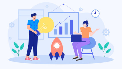 Teamwork and innovation concept in an office setting with a rocket. Suitable for illustrating collaboration, creativity, and progress in business.