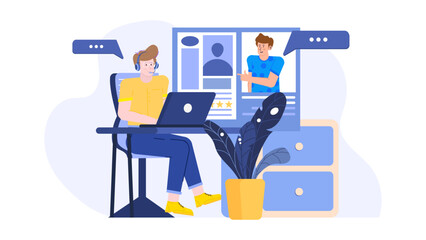 Man video calling while using laptop suitable for remote work, virtual meetings, technology concepts, online collaboration, business communication, and work from home scenarios.