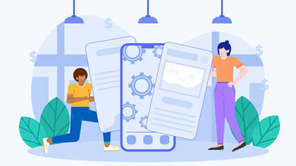 Two people standing near large blue phones with gears, suitable for technology or communicationthemed design projects. Office collaboration concept.