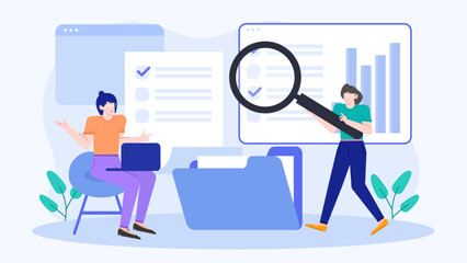 Two people using a magnifying glass to analyze data. Suitable for business presentations, financial reports, data analysis concepts.