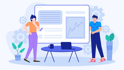 Two people discussing a graph on a whiteboard, ideal for business presentations, team discussions, educational materials, office settings.