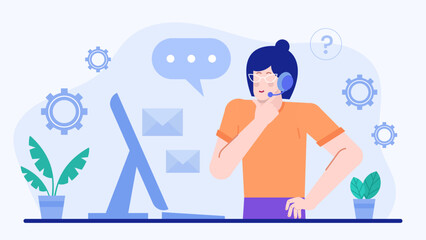 Woman with headset working on computer, suitable for customer service, virtual assistant or remote work concept designs and projects.