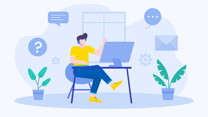 Man in headset at desk, working remotely, customer service agent concept, work from home, call center, telemarketing, technology concept.