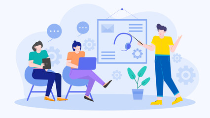 Man presenting to two women in office. Suitable for business presentations, team meetings, sales pitches, corporate communication materials.