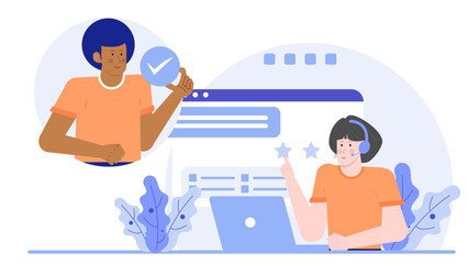 Woman giving positive review in headset suitable for customer service, telemarketing, communication, call center, feedback concepts.