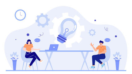 Creative teamwork concept with two people brainstorming under a lightbulb, suitable for business, collaboration, idea generation, creativity, and innovation.