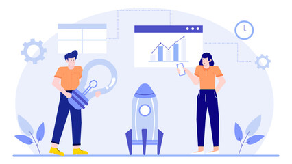 Two people with a lightbulb and phone beside a rocket, symbolizing innovation and communication, ideal for technology or startup concepts.