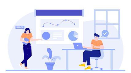 Two people analyzing data and discussing business charts. Suitable for presentations, financial reports, teamwork concepts, and data analysis themes.