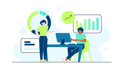 Two people discussing a pie chart and graphs, suitable for presentations, business meetings, data analysis concept. Perfect for infographics.