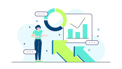 Woman presenting a chart with an upward arrow, suitable for business presentations, finance reports, success concept visuals, and growth analysis.