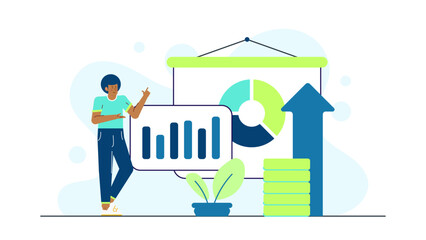 Man pointing to a graph with an upward pointing arrow on a whiteboard. Suitable for presentations, business reports, financial analysis visuals.