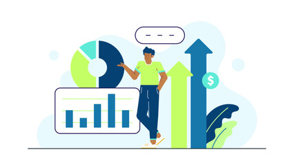 Man analyzing financial charts with dollar sign. Suitable for banking or financerelated presentations, reports, articles, and social media posts.
