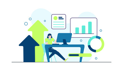 Woman analyzes business data with charts and graphs, suitable for finance, data analysis, business planning, or corporate strategy concepts.