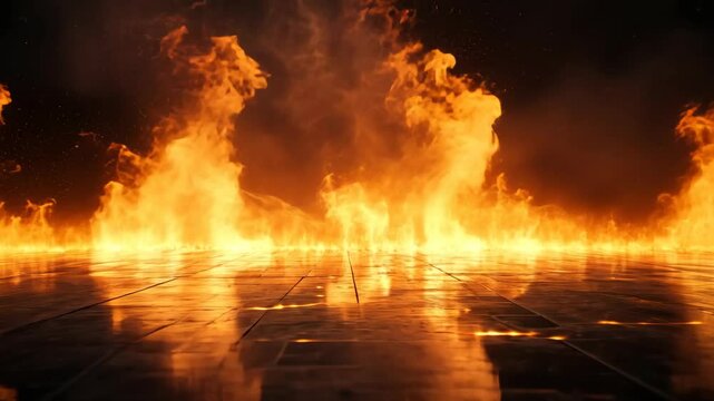 Intense flames erupt, reflecting in the dark surface below, creating a fiery spectacle