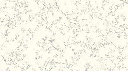 62.A seamless floral pattern with tiny hand-drawn flowers, delicate branches, and fine leaves arranged in a soft abstract design on a light cream background with subtle texture.