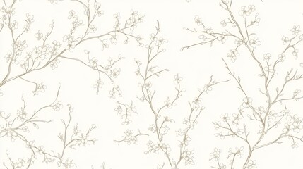 Obraz premium 62.A seamless floral pattern with tiny hand-drawn flowers, delicate branches, and fine leaves arranged in a soft abstract design on a light cream background with subtle texture.