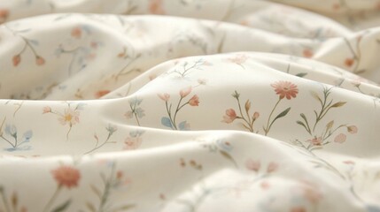 63.Intricate ditsy print featuring small flowers and slender stems, forming a harmonious, scattered arrangement in pastel tones on a pale ivory background.