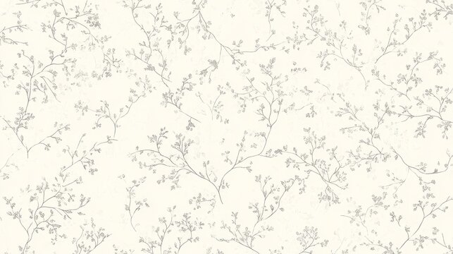 62.A seamless floral pattern with tiny hand-drawn flowers, delicate branches, and fine leaves arranged in a soft abstract design on a light cream background with subtle texture.