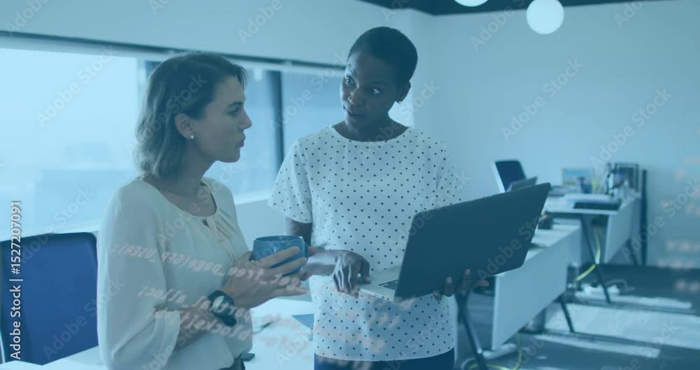 Poster lowering mug and turning laptop to colleague in office sparking code overlay and tech collaboration