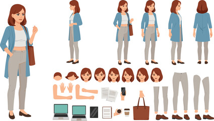 Young casual business woman character constructor for animation. Front, side and back view set.