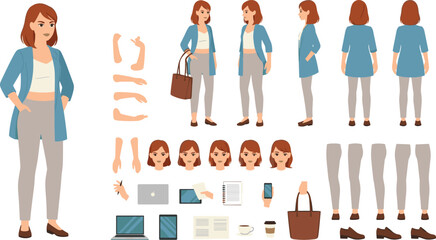 Young casual business woman character constructor for animation. Front, side and back view set.