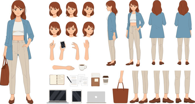Young casual business woman character constructor for animation. Front, side and back view set.