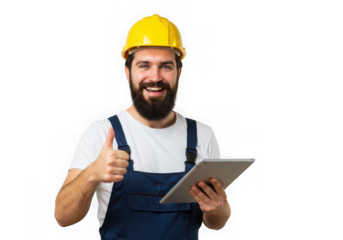 Happy construction worker with tablet isolated on transparent background
