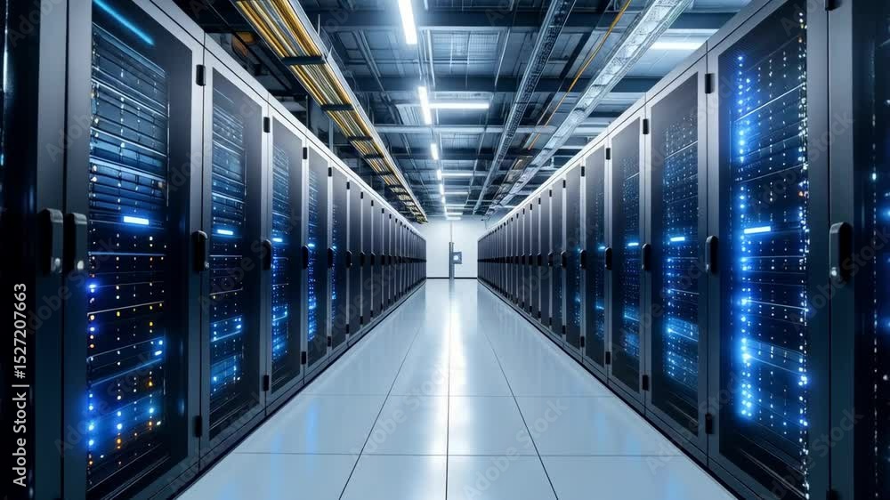 Poster interior view of a server room with rows of computer racks and bright blue lights blinking on networ