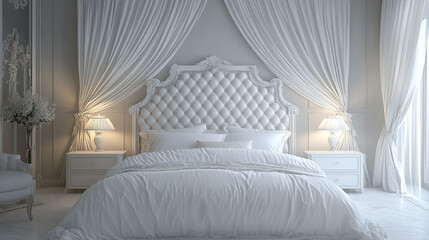 Luxurious modern bedroom with elegant decor and soft lighting, creating serene atmosphere