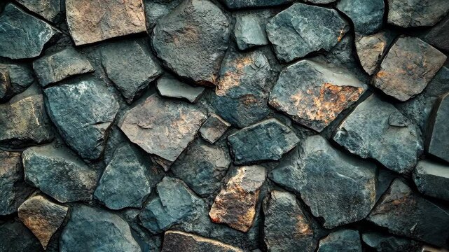 Irregularly shaped dark stones form a textured wall