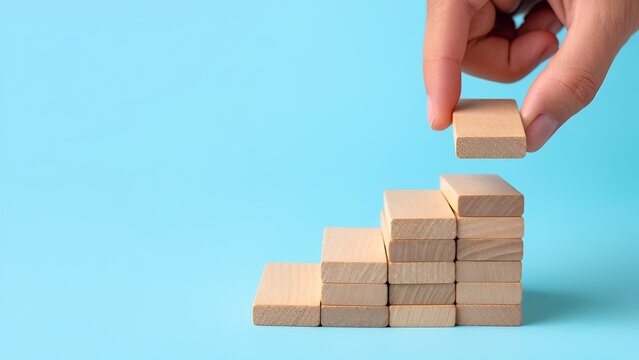 Building success hand stacking blocks creative workspace conceptual growth minimalist environment focused perspective