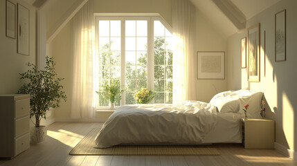 serene modern bedroom with natural light, featuring cozy bed and plants