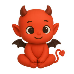 Kawaii-style 3D devil with heart-shaped tail tip, cross-legged, wide eyes, and tiny black bat wings.	