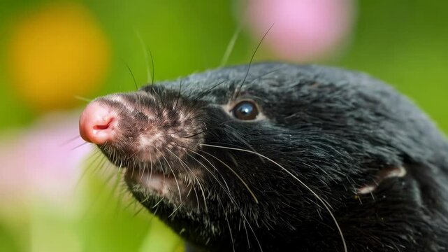 Close-up of a curious dark mole with a pink nose emerging from the ground against a blurred green and pink background.