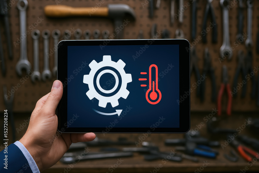 Poster predictive maintenance engineer uses digital tools to monitor equipment temperature and performance 