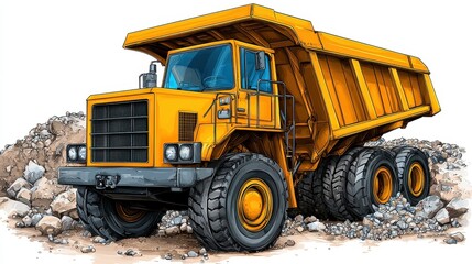 Obraz premium Detailed Illustration of a Yellow Dump Truck in a Rocky Setting
