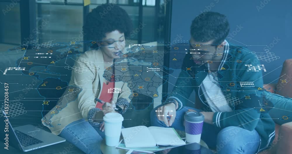 Poster woman opening notebook and man collaborating sparking technology map overlay forming data clusters