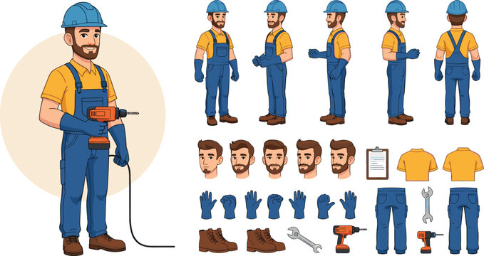 Industrial maintenance worker wearing helmet, overall uniform holding drill tool. Character for animation. Front, side and back view set. Body parts, postures, poses collection.