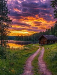 Rustic cabin at sunset by a lake