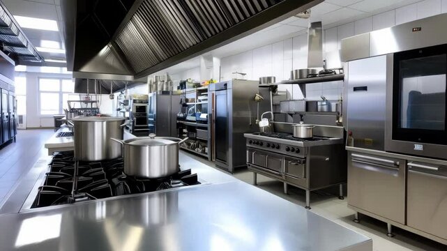 Stainless steel cooking pots and equipment in a commercial restaurant kitchen for food preparation, meal service and fine dining