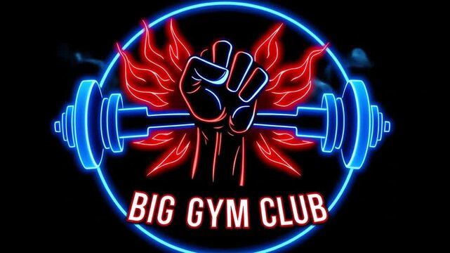 Stylized Neon Gym Logo Featuring A Powerful Fist Gripping Barbell With Flaming Energy Background