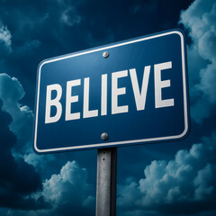 Believe Road Sign Against Stunning Azure Sky, Inspirational Motivation, Hope, Success, Dream, Journey, Destination, Travel, Adventure, Blue Sky, Cloudscape