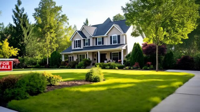 A charming two-story house with a neatly manicured lawn featuring a bright red 'For Sale' sign indicating a real estate opportunity.