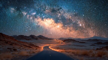 Scenic Desert Highway Leading to Distant Mountains Under a Stunning Milky Way Galaxy View